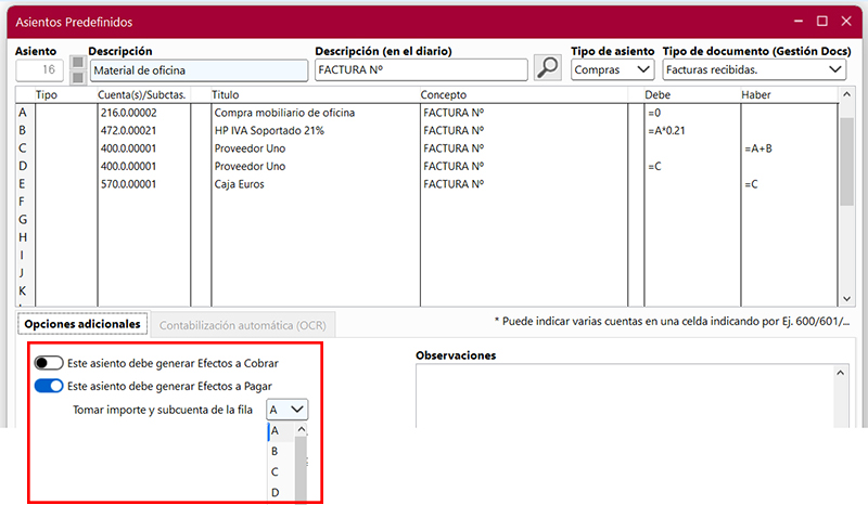 Ventana Asientos Predefinidos en ClassicConta 7.